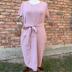 TORRID DUSTY PINK RIBBED SHORT SLEEVE BELTED SWEATER DRESS POCKETS 2 GUC KNIT